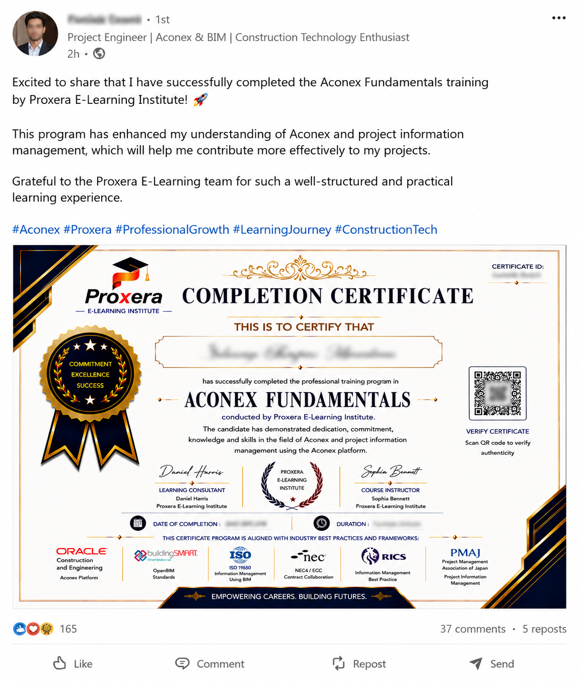 Proxera learner certificate achievement shared on LinkedIn